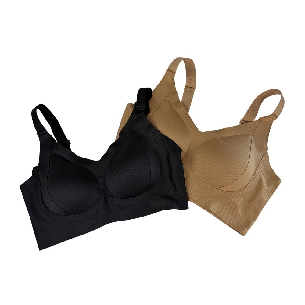 Set of 2 Seamless Wireless Ribbed Bras Black Tan XL Adjustable‎ Straps Comfort